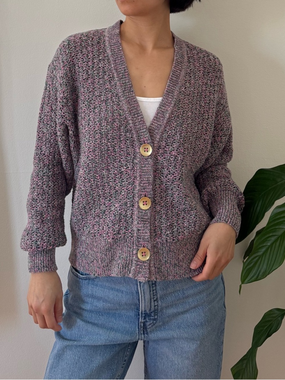 J Jill 100% Cotton Mixed Color Front Button Balloon Sleeve Cardigan Size Small